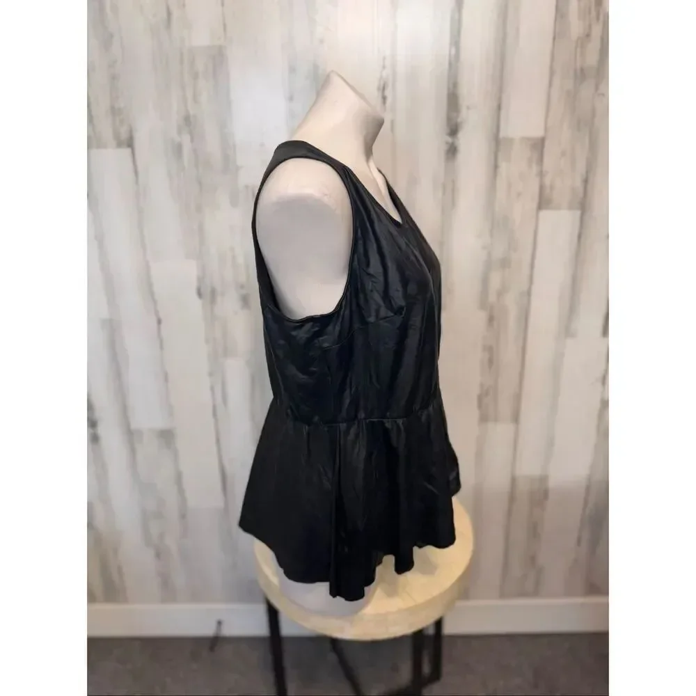 Dots Black Faux Leather Peplum Top 1X Sleeveless Zip Back Flowy Blouse Plus Size